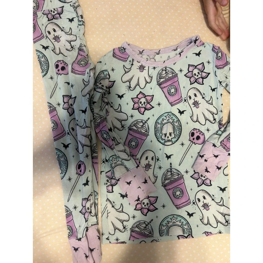 Onyx + Lore Toddler 2T Bamboo Pajamas Spooky Coffee Ghost Skull Mint Purple Set
